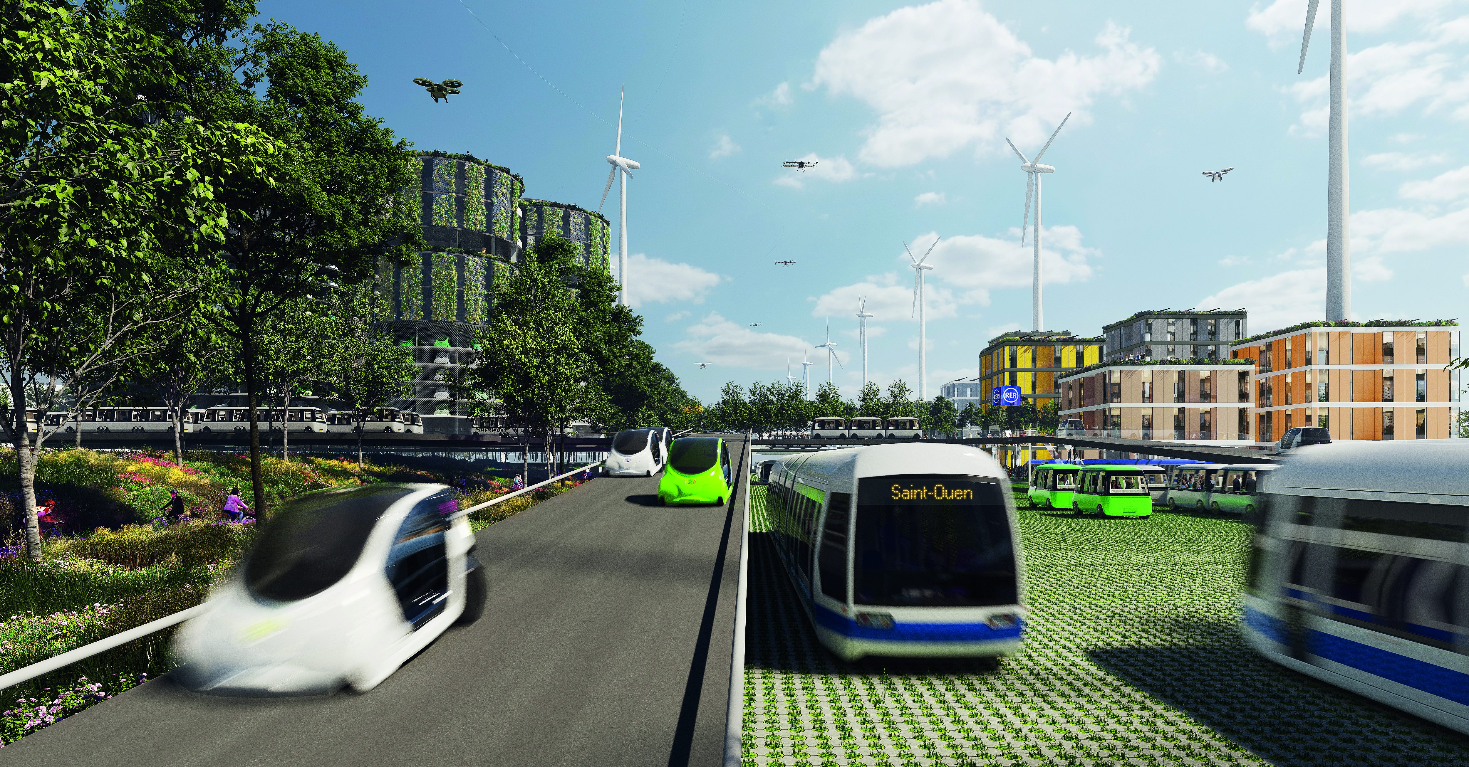 L’A1 de Roissy 
à la Seine-Saint-Denis 
en 2050, vue par SUN. L’autoroute est devenue une plateforme flexible qui abrite un grand nombre d’usages, de flux et de configurations différentes.