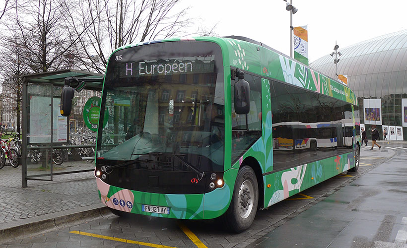 Bus électrique Aptis (Alstom) lors de la mise en service commercial de la ligne H (Gare Centrale - Parlement Européen) du réseau CTS à Strasbourg, le 24 février 2020.