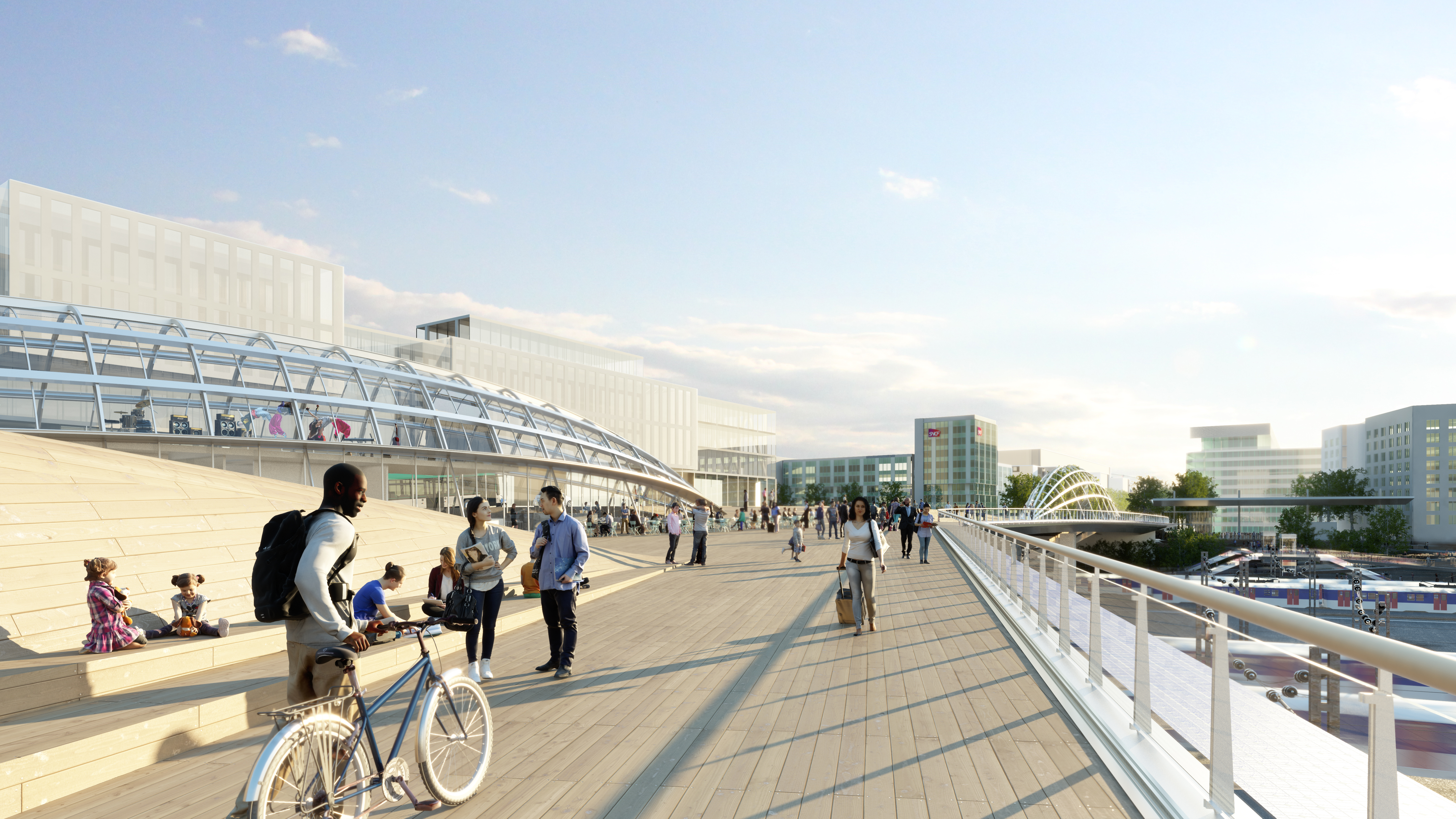 Le franchissement conçu par Marc Mimram vu depuis le quartier Pleyel.