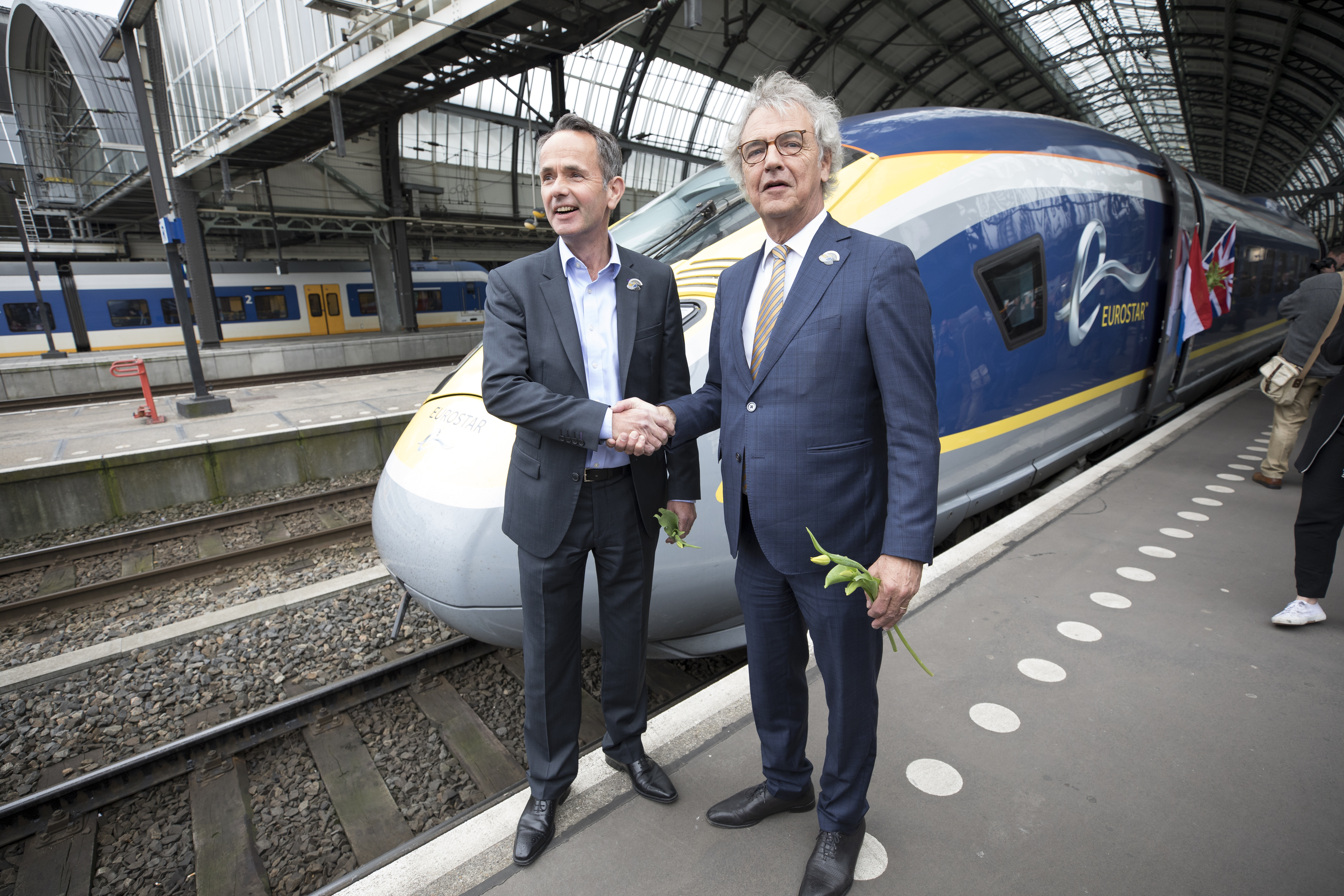 Eurostar’s first commercial service sets off from London to Amsterdam. UK to the Netherlands in just three hours with tickets from £35 one-way. St Pancras Station, London, U.K. Wednesday, April 4, 2018. Photographer: Jason Alden 

Photographer: Jason Alden
www.jasonalden.com
0781 063 1642