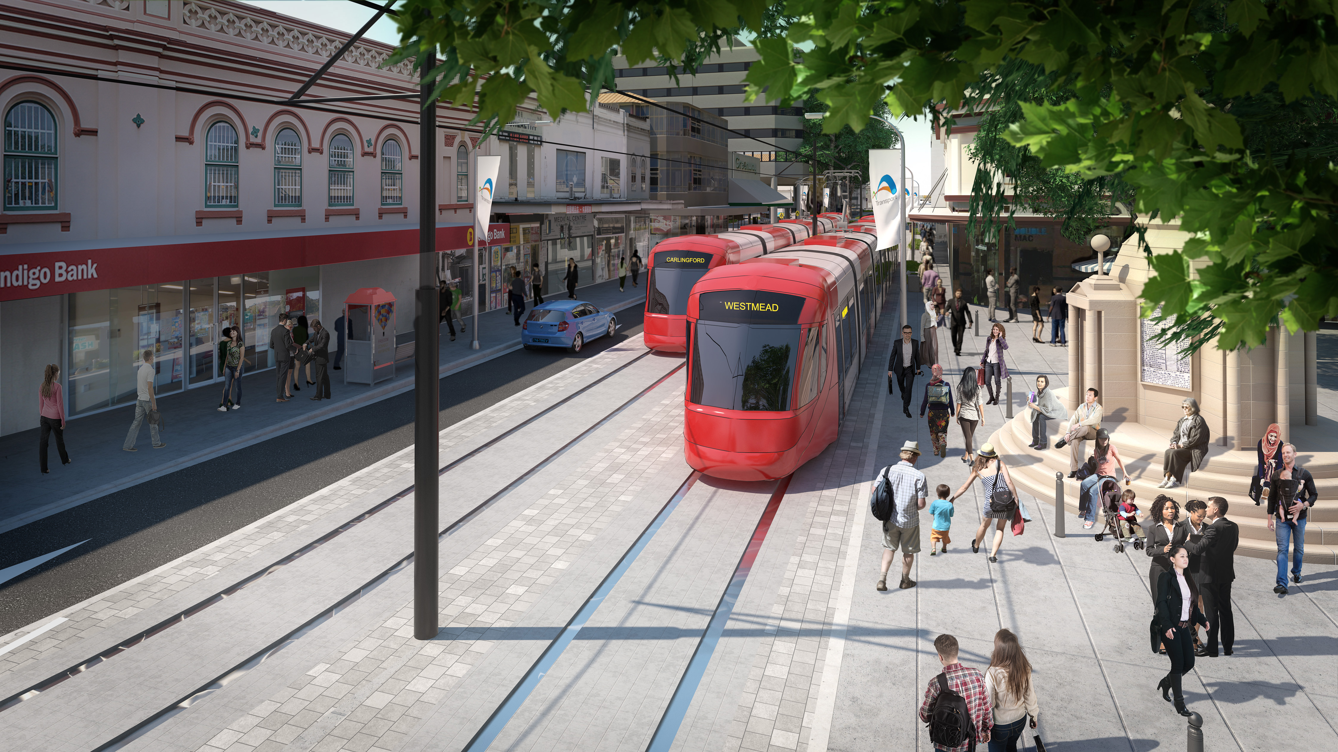Photomontage du futur tramway de Parramatta dans la banlieue de Sydney, en Australie. Mise en service en 2023.