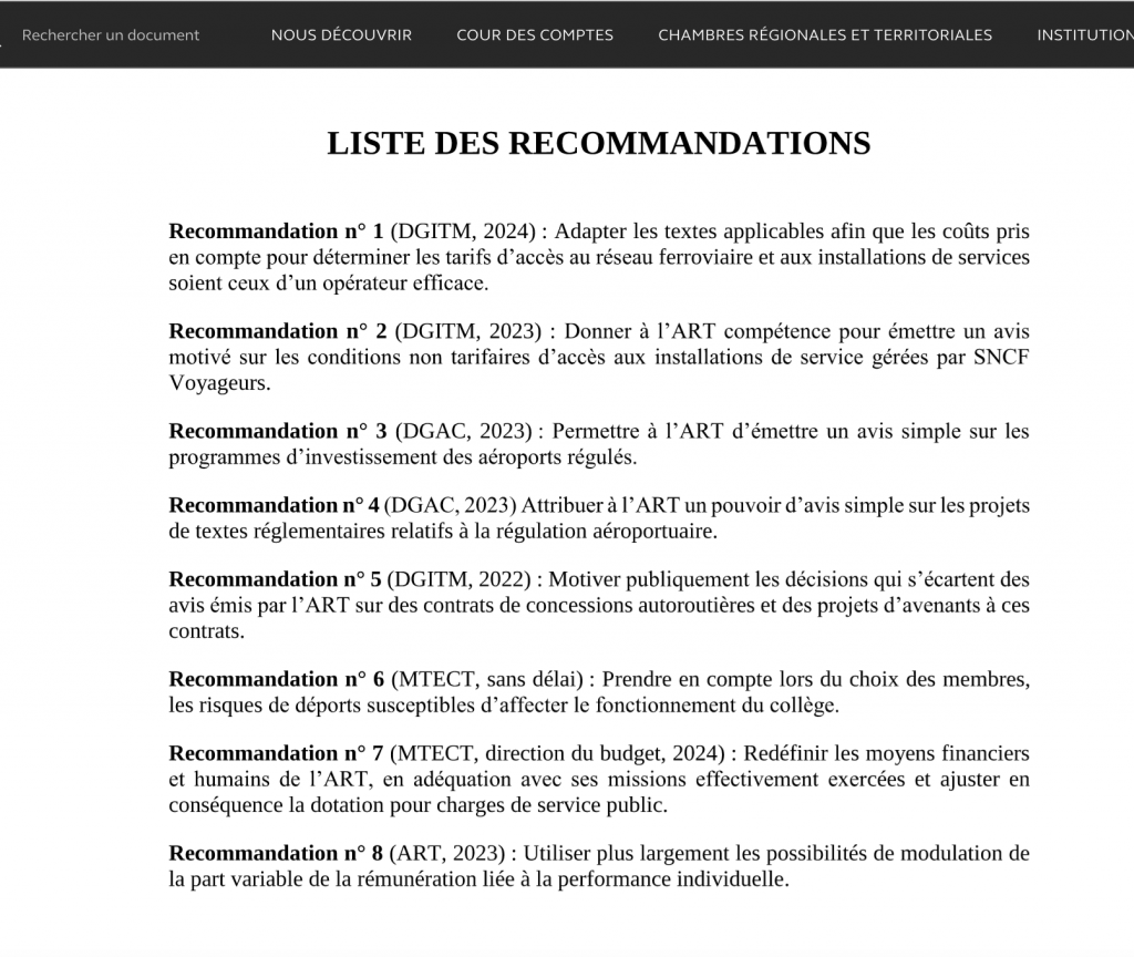 Rapport Cour des comptes sur l'ART : recommandations