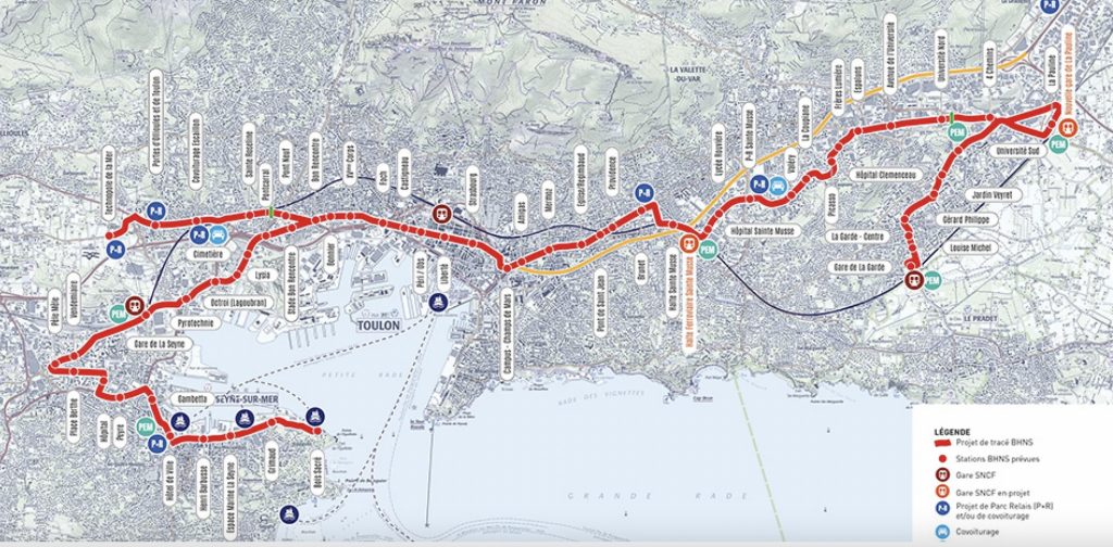 tracé du projet de BHNS à Toulon
